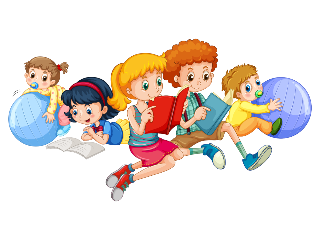 Children-reading-and-playing-with-balls-Clipart-PNG